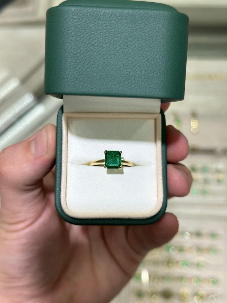 Modern 1.99ct 14K Asscher Cut Emerald Solitaire Ring - Dark Green V-Prong Set 585 Gold For Sale