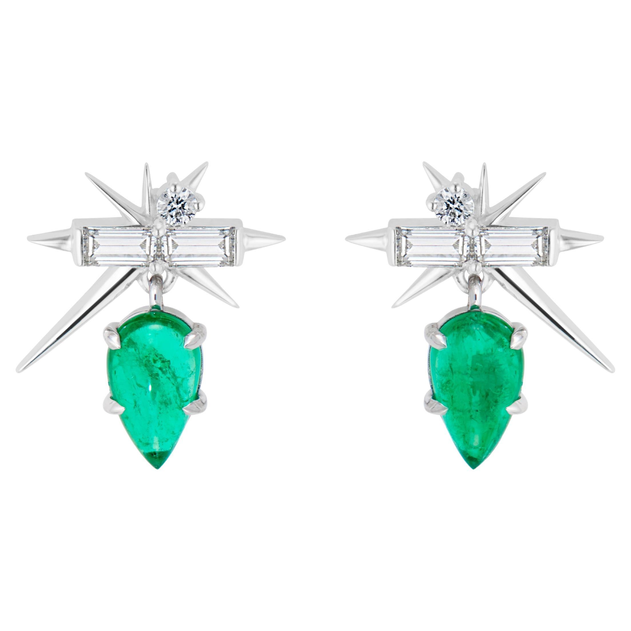 1.99ct Emerald & 0.66ct Diamond Baguette Spike Earrings 18ct White Gold For Sale