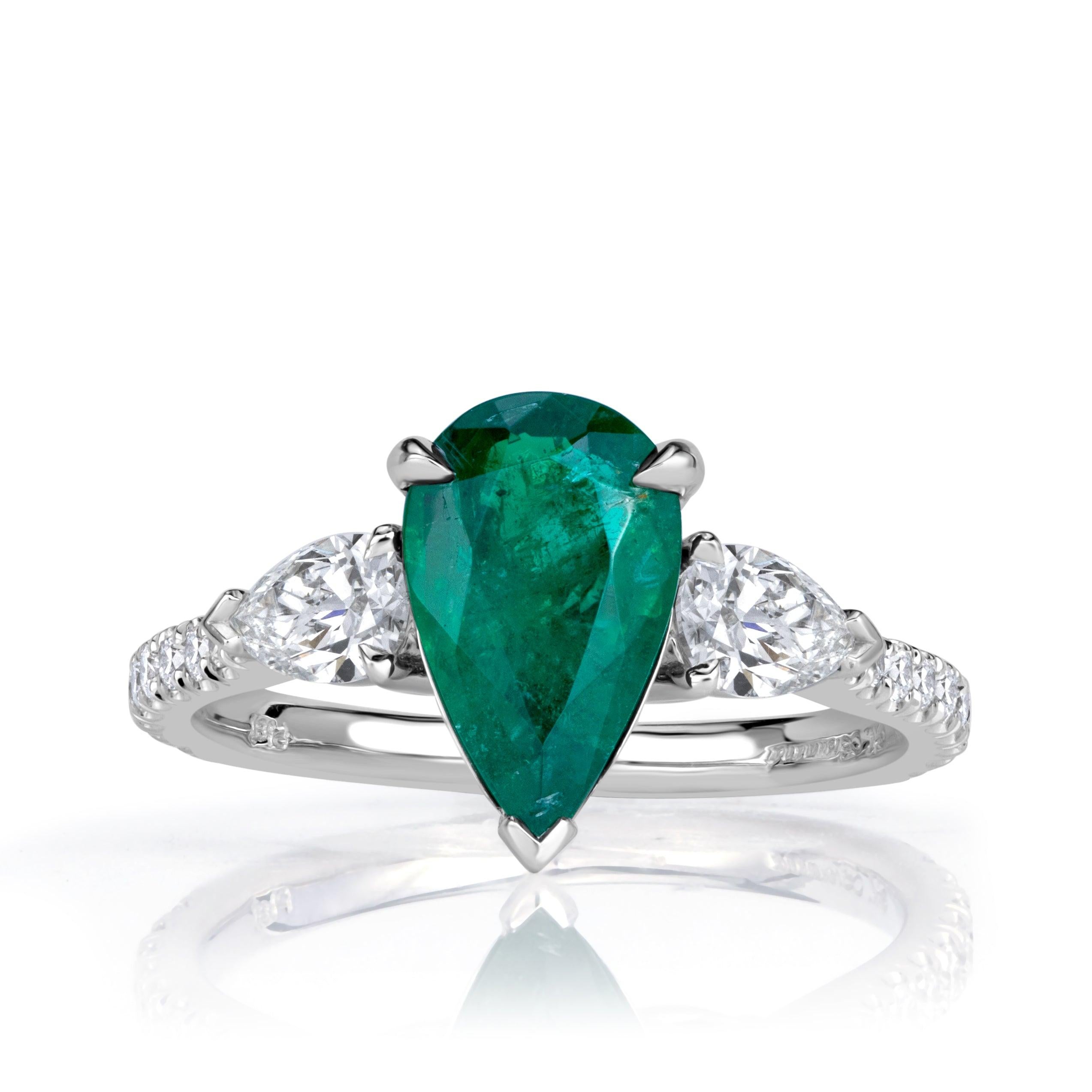 1.99ct Pear Shaped Green Emerald and Diamond Engagement Ring For Sale