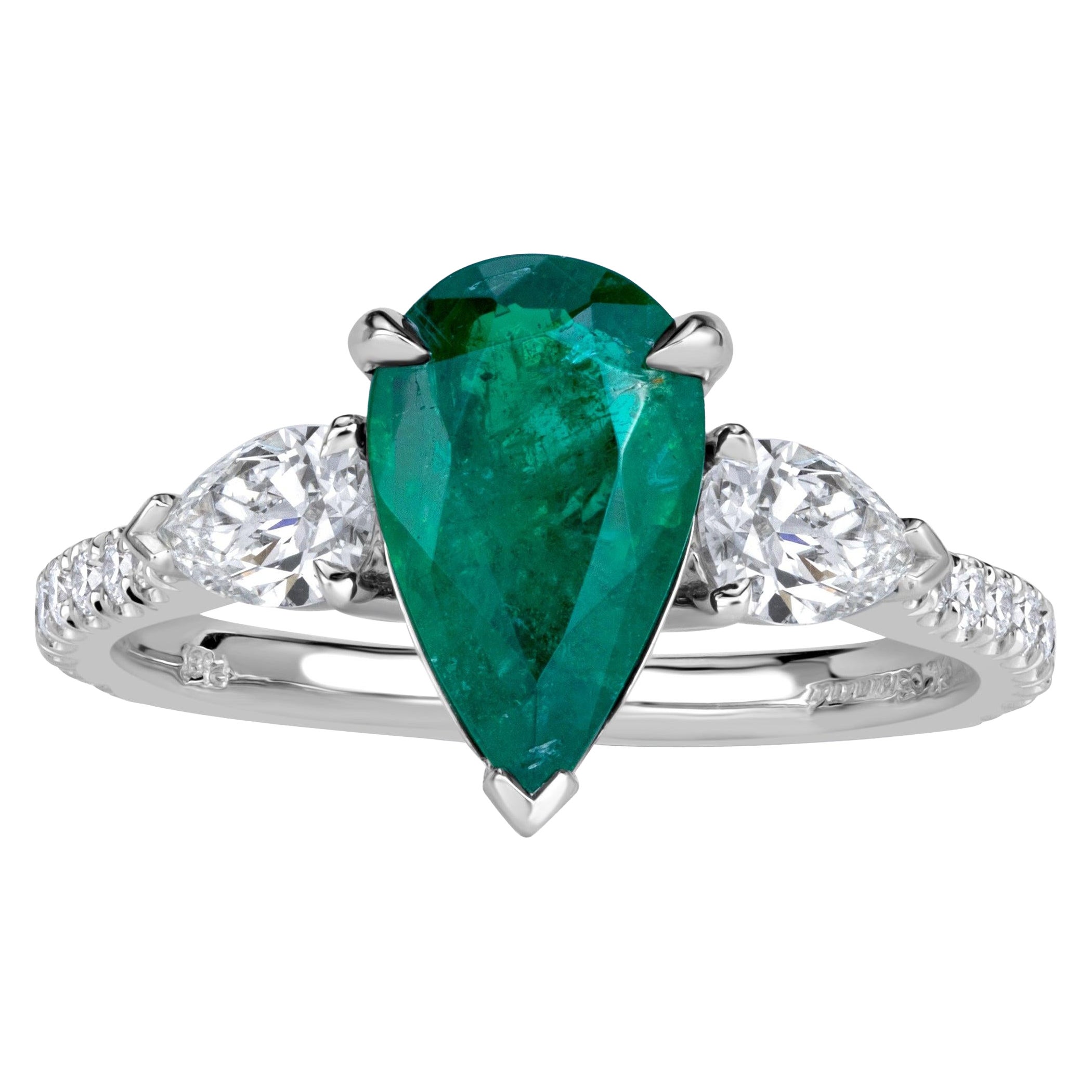 1.99ct Pear Shaped Green Emerald and Diamond Engagement Ring