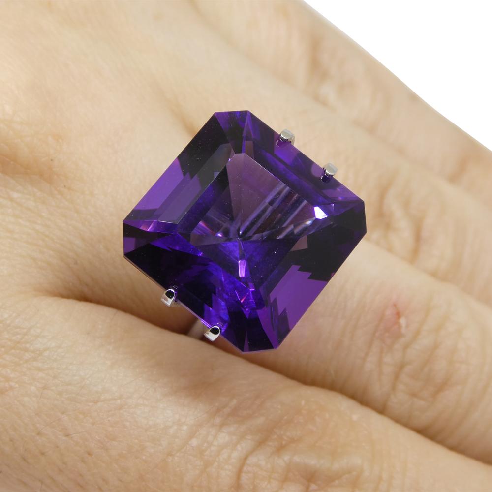 Description:

Gem Type: Amethyst
Number of Stones: 1
Weight: 19.9 cts
Measurements: 16.73 x 16.69 x 11.73 mm
Shape: Cut Corner Square
Cutting Style:
Cutting Style Crown: Brilliant
Cutting Style Pavilion:
Transparency: Transparent
Clarity: Very Very
