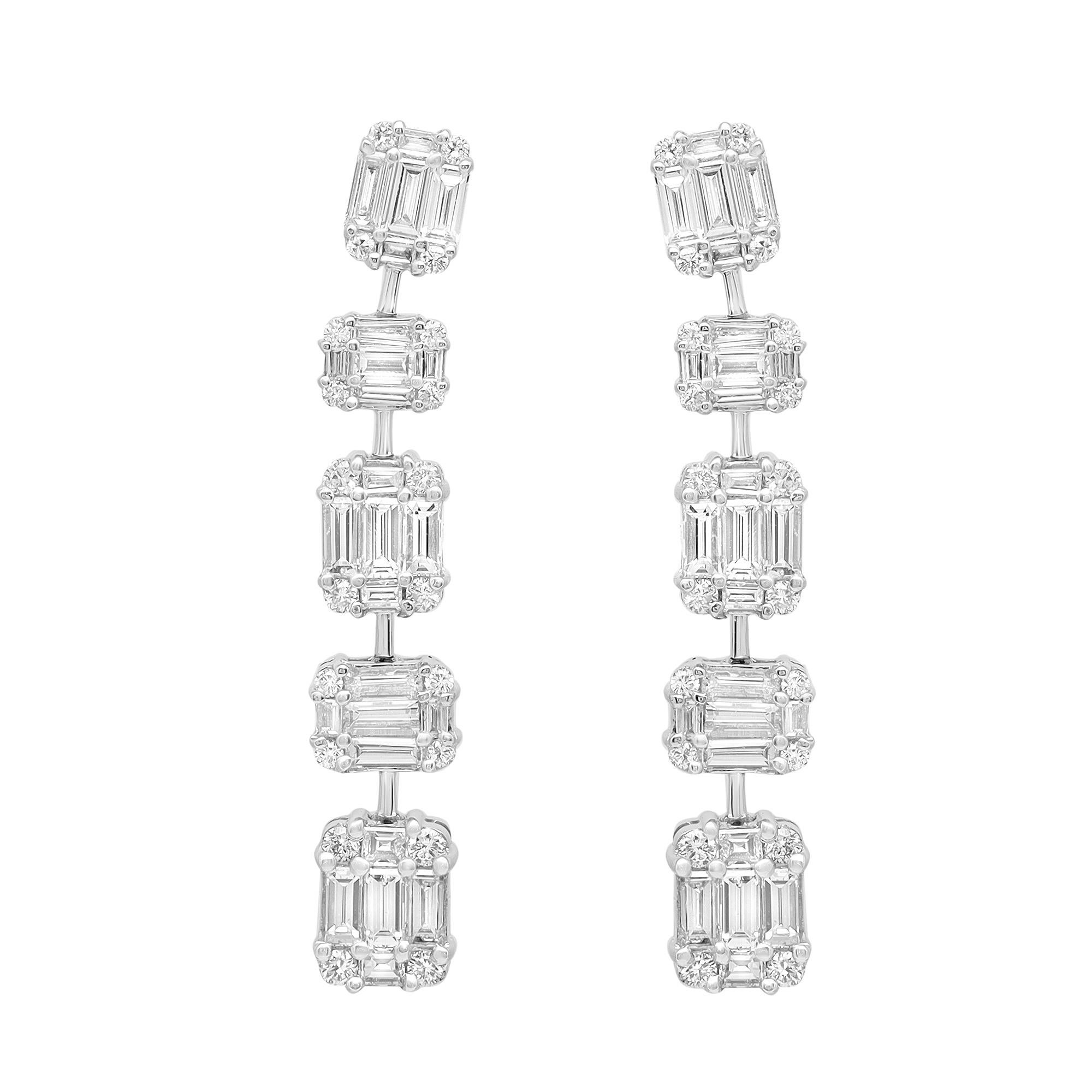 Boucles d'oreilles pendantes en or blanc 18 carats avec diamants baguettes et ronds 1,99 ctw