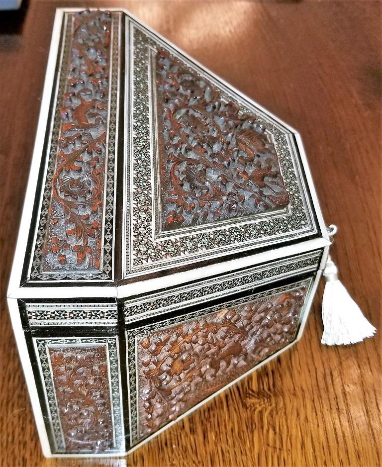 Multi-gemstone 19th Century Anglo-Indian Carved Padouk and Sadeli Stationary Box