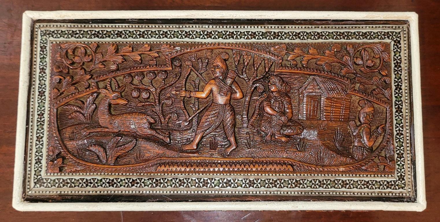 19th Century 19C Anglo Indian Carved Padouk Wood and Sadeli Mosaic Box For Sale