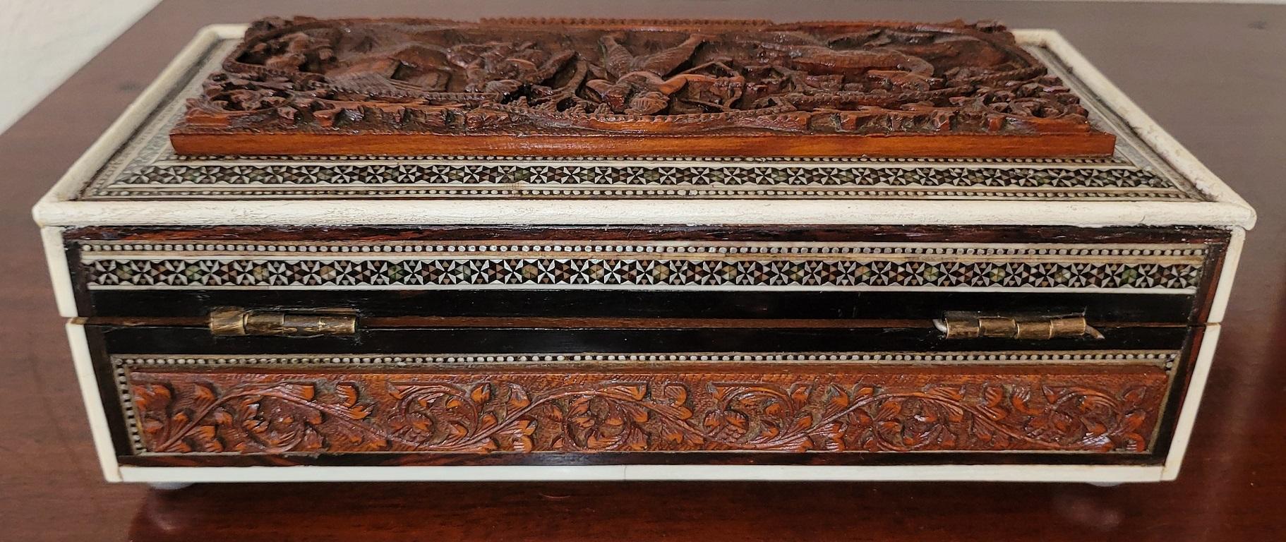 Silver 19C Anglo Indian Carved Padouk Wood and Sadeli Mosaic Box For Sale
