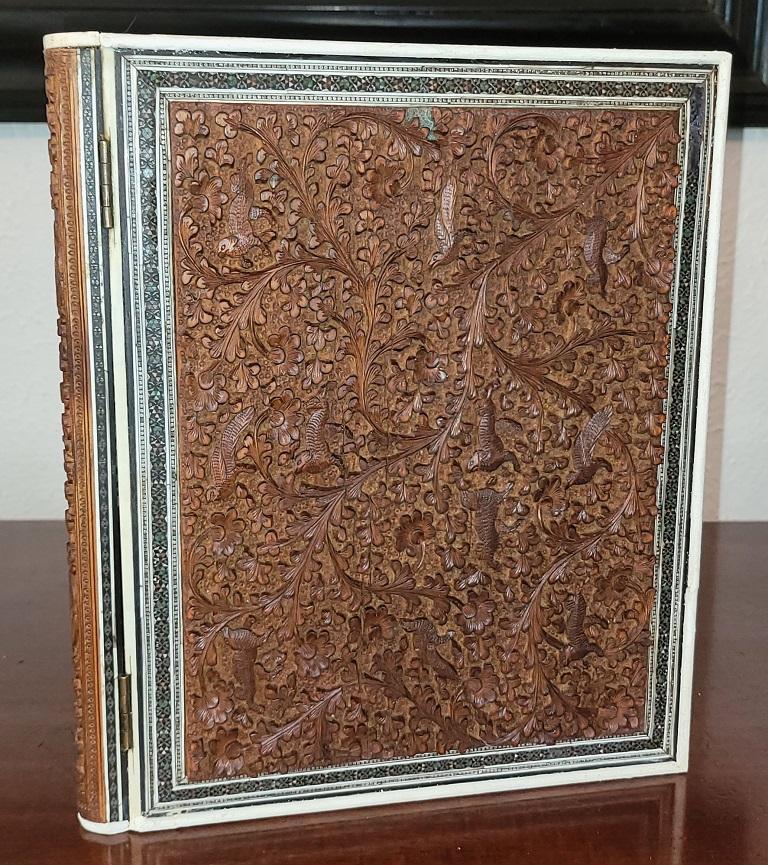 Hand-Carved 19C Anglo Indian Highly Carved Padouk and Mosaic Folio Cover For Sale