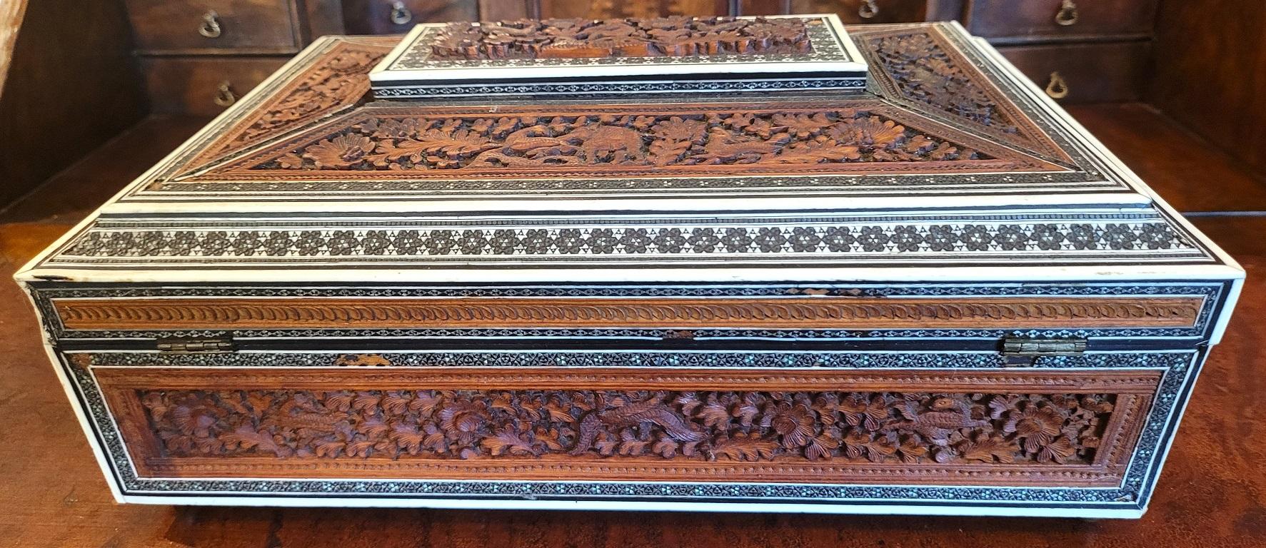 19C Anglo Indian Highly Carved Padouk and Sandalwood Sadeli Mosaic Sarcophagus S For Sale 3