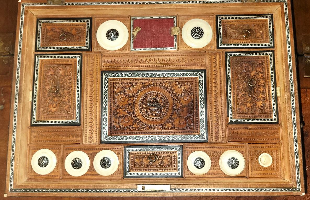 19C Anglo Indian Highly Carved Sadeli Mosaic Sarcophagus Sewing Box For Sale 6