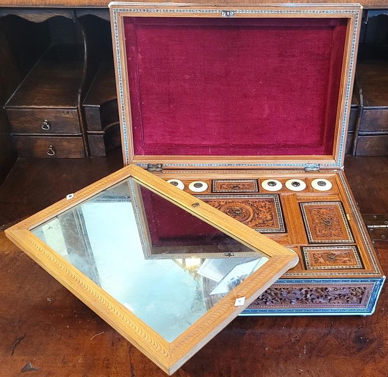 19C Anglo Indian Highly Carved Sadeli Mosaic Sarcophagus Sewing Box For Sale 11