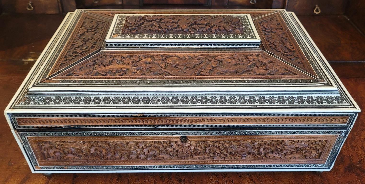 Anglo-Indian 19C Anglo Indian Highly Carved Padouk and Sandalwood Sadeli Mosaic Sarcophagus S For Sale