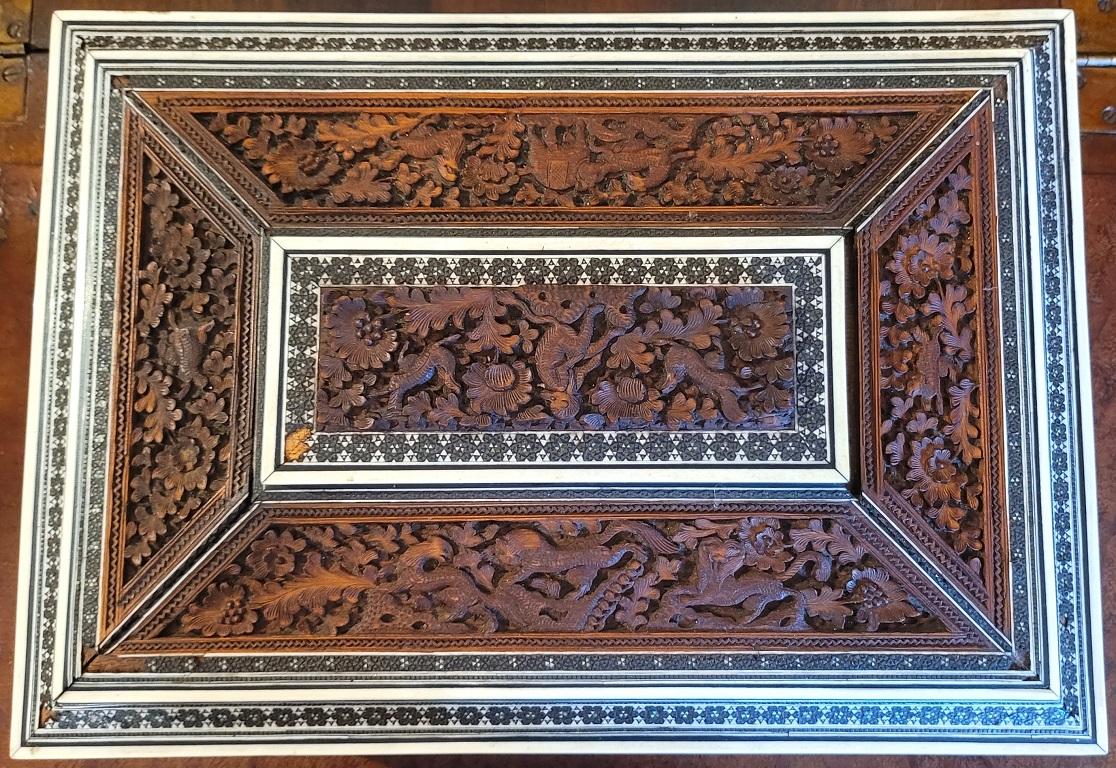 Hand-Carved 19C Anglo Indian Highly Carved Padouk and Sandalwood Sadeli Mosaic Sarcophagus S For Sale