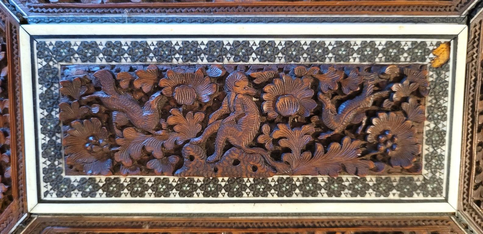 19th Century 19C Anglo Indian Highly Carved Padouk and Sandalwood Sadeli Mosaic Sarcophagus S For Sale