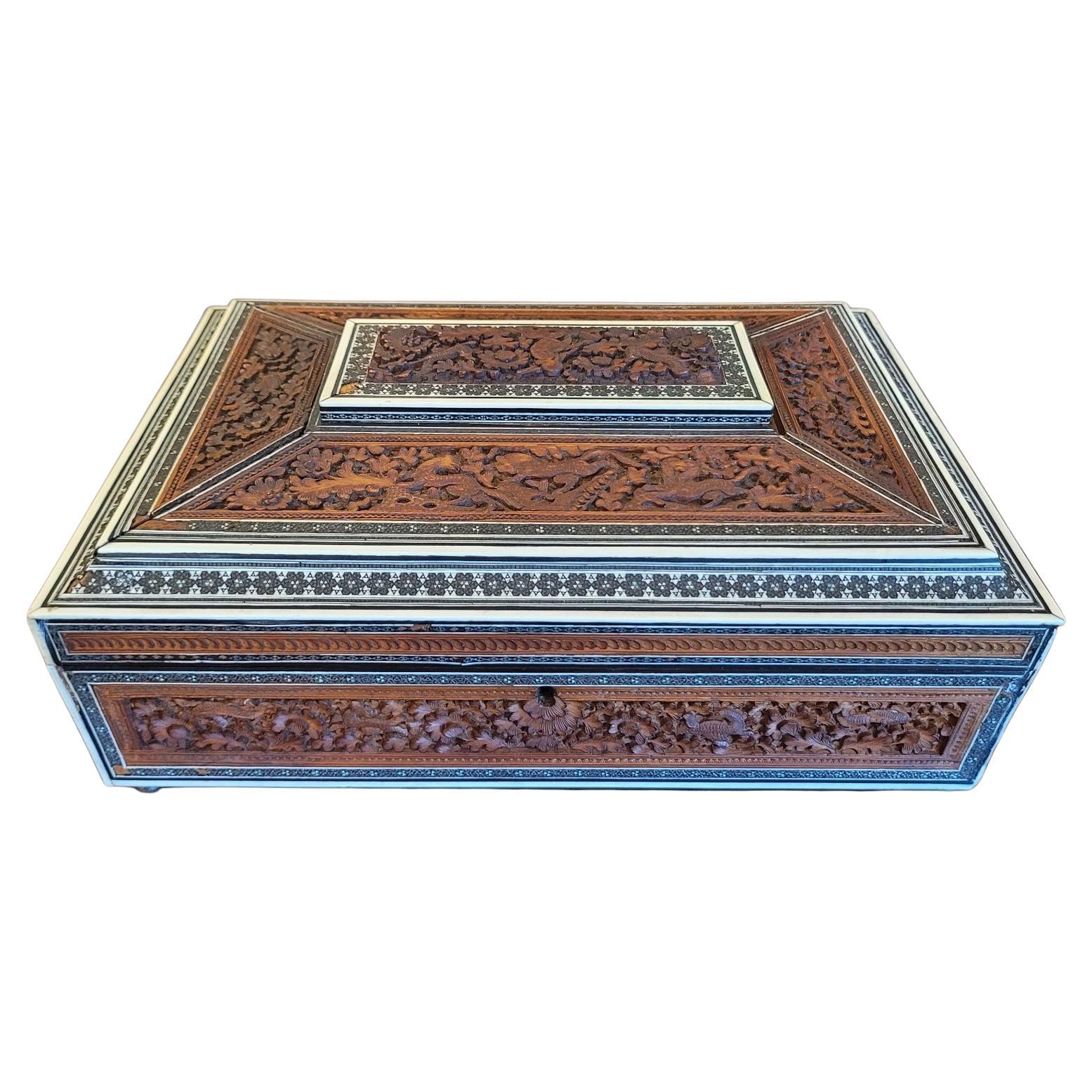 19C Anglo Indian Highly Carved Padouk and Sandalwood Sadeli Mosaic Sarcophagus S For Sale