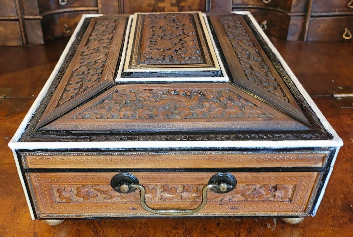 Anglo-Indian 19c Anglo Indian Highly Carved Padouk and Sandalwood Sarcophagus Sewing Box For Sale