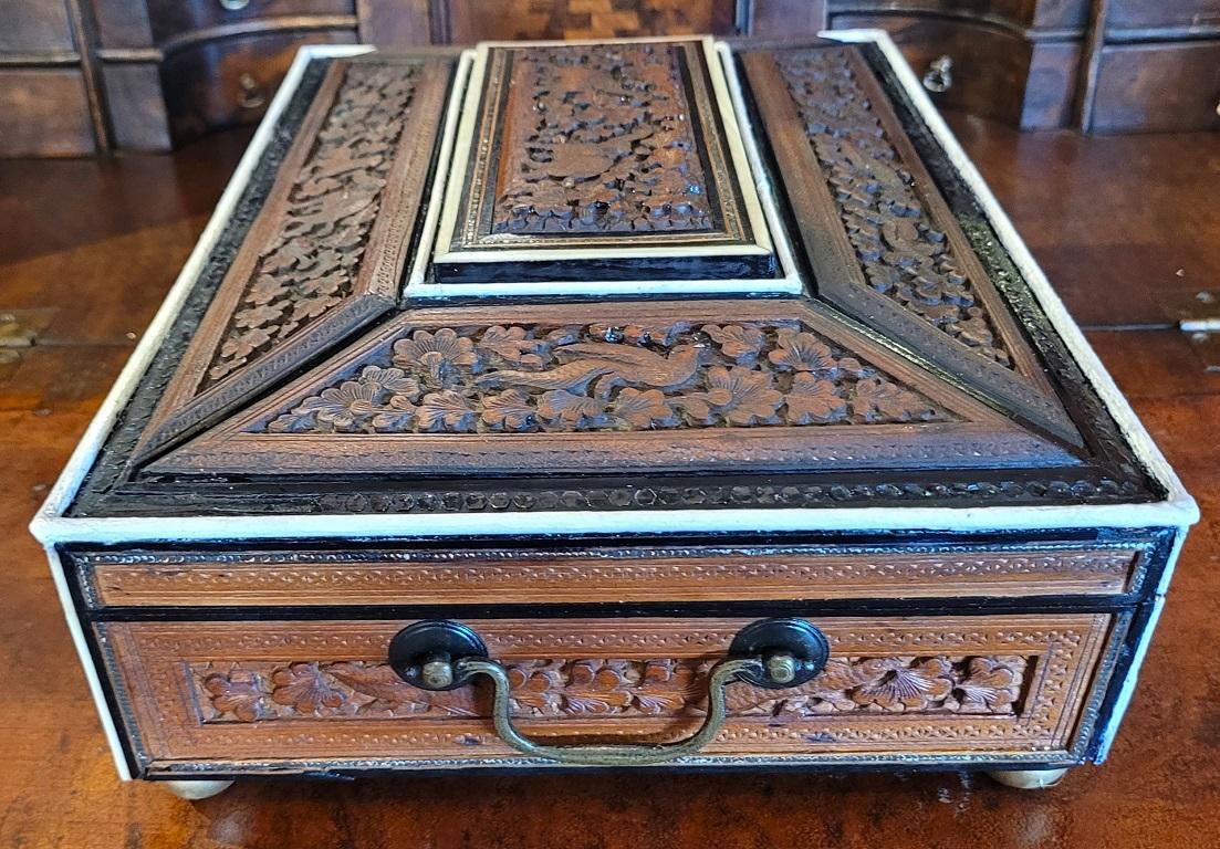 Hand-Crafted 19c Anglo Indian Highly Carved Padouk and Sandalwood Sarcophagus Sewing Box For Sale