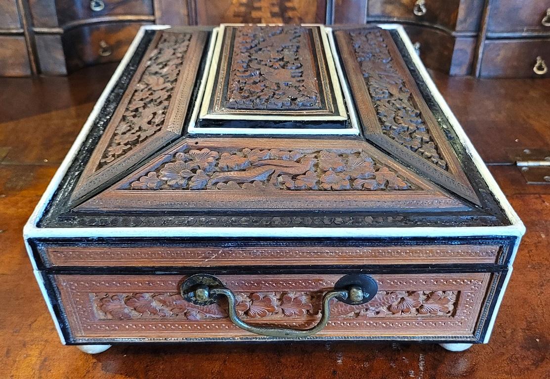 19th Century 19c Anglo Indian Highly Carved Padouk and Sandalwood Sarcophagus Sewing Box For Sale