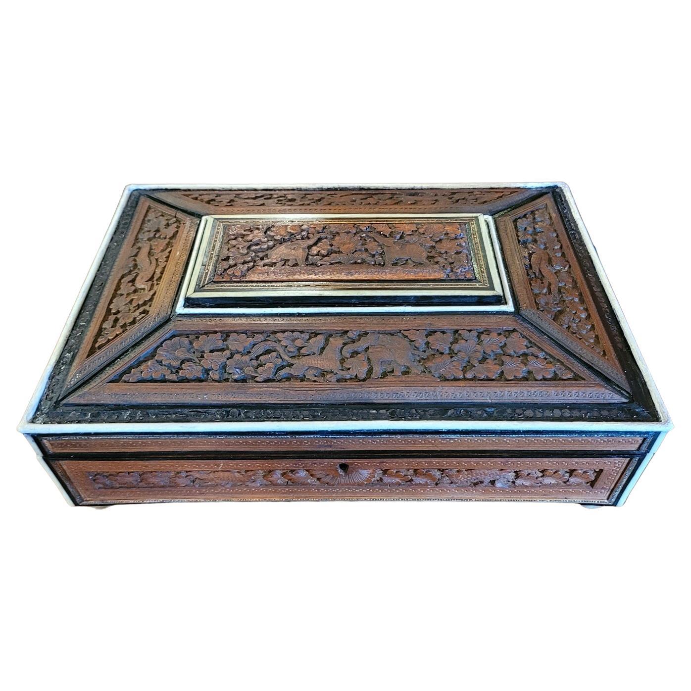 19c Anglo Indian Highly Carved Padouk and Sandalwood Sarcophagus Sewing Box  For Sale at 1stDibs