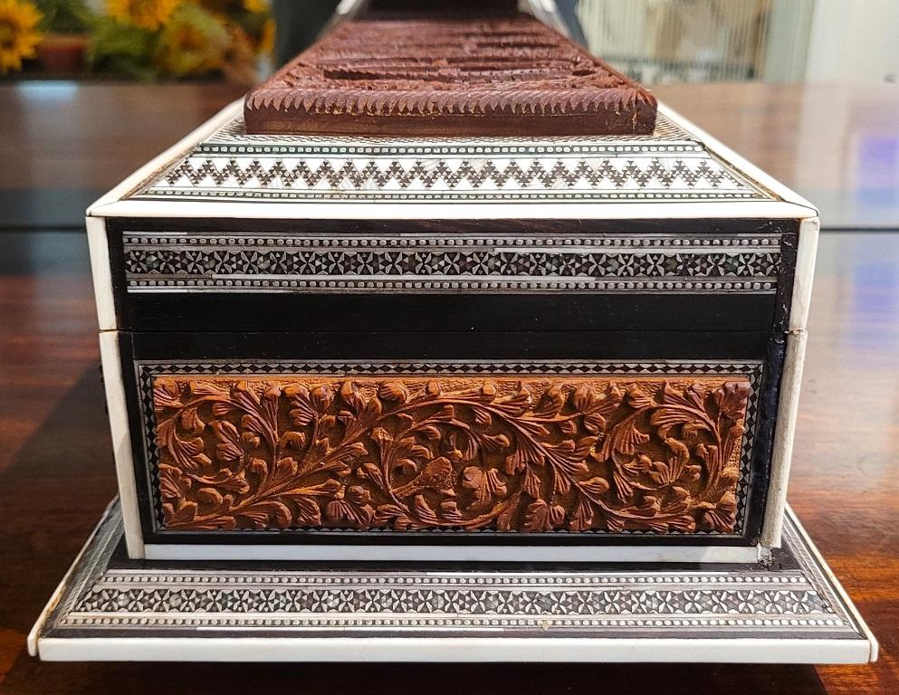 Silver 19C Anglo Indian Highly Carved Padouk Sadeli Mosaic Scroll Box of Hindu Gods For Sale