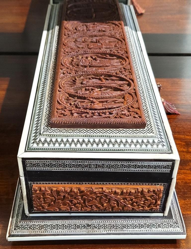 19C Anglo Indian Highly Carved Padouk Sadeli Mosaic Scroll Box of Hindu Gods 2