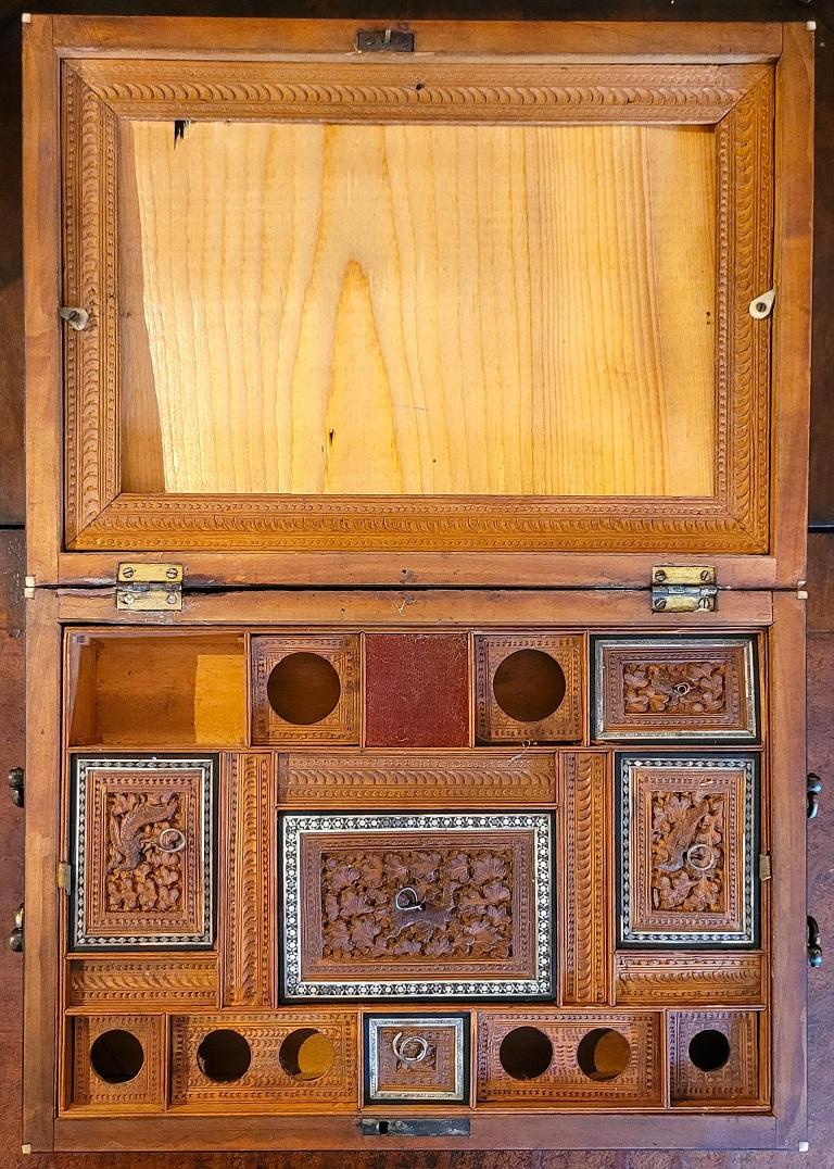 19C Anglo Indian Highly Carved Padouk Wood with Sadeli Mosaic Inlay Sewing Box For Sale 3