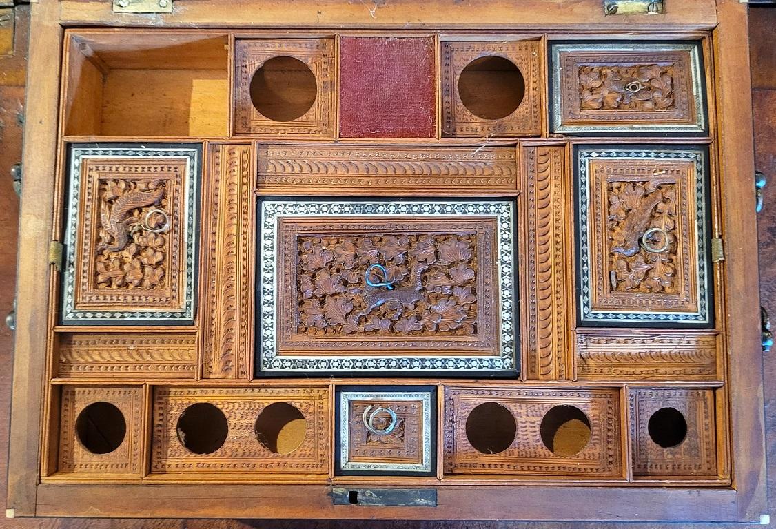 19C Anglo Indian Highly Carved Padouk Wood with Sadeli Mosaic Inlay Sewing Box For Sale 4
