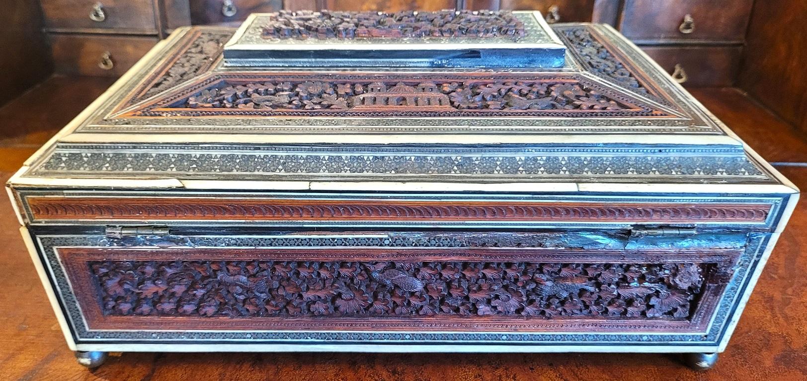 19C Anglo Indian Highly Carved Padouk Wood with Sadeli Mosaic Inlay Sewing Box For Sale 9