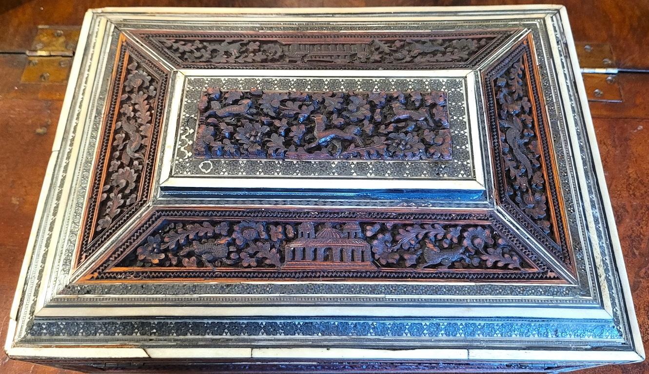 19C Anglo Indian Highly Carved Padouk Wood with Sadeli Mosaic Inlay Sewing Box For Sale 10