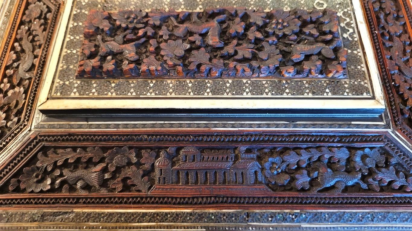 19C Anglo Indian Highly Carved Padouk Wood with Sadeli Mosaic Inlay Sewing Box In Good Condition For Sale In Dallas, TX