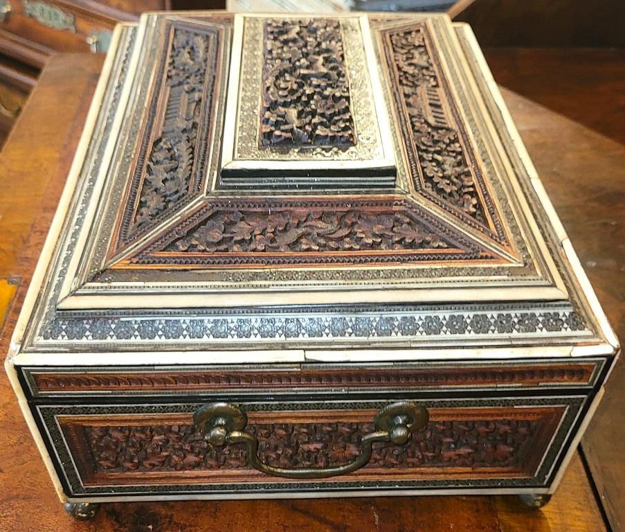 19C Anglo Indian Highly Carved Padouk Wood with Sadeli Mosaic Inlay Sewing Box For Sale 1