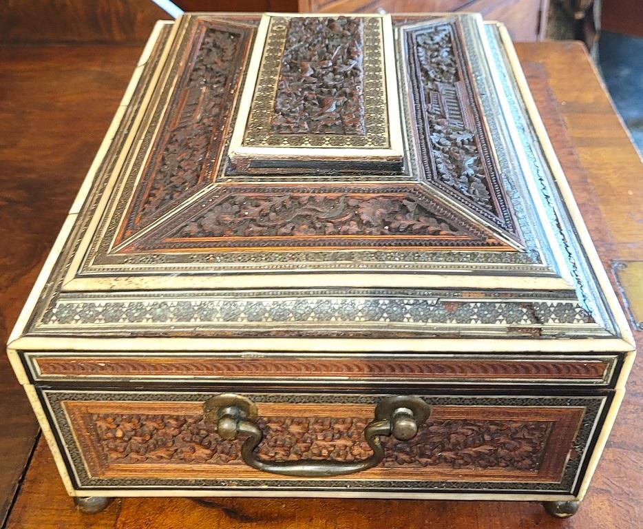 19C Anglo Indian Highly Carved Padouk Wood with Sadeli Mosaic Inlay Sewing Box For Sale 2