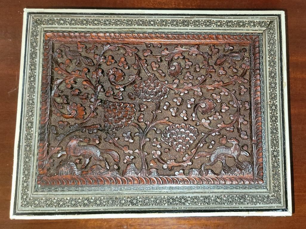 Silver 19th Century Anglo Indian Highly Carved Sandalwood and Sadeli Mosaic Box