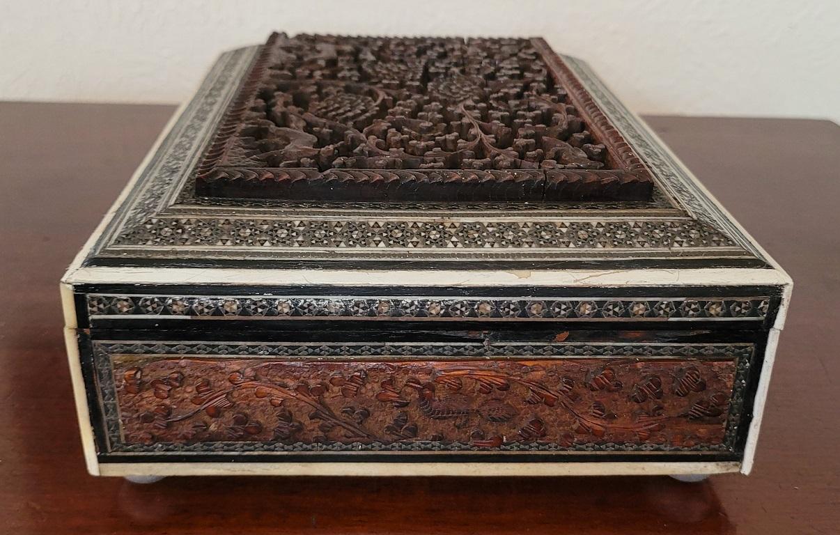 19th Century Anglo Indian Highly Carved Sandalwood and Sadeli Mosaic Box 1
