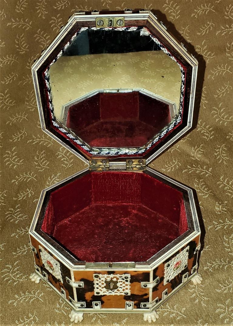 Hand-Crafted 19th Century Anglo-Indian Octagonal Shell and Bone Jewelry Box