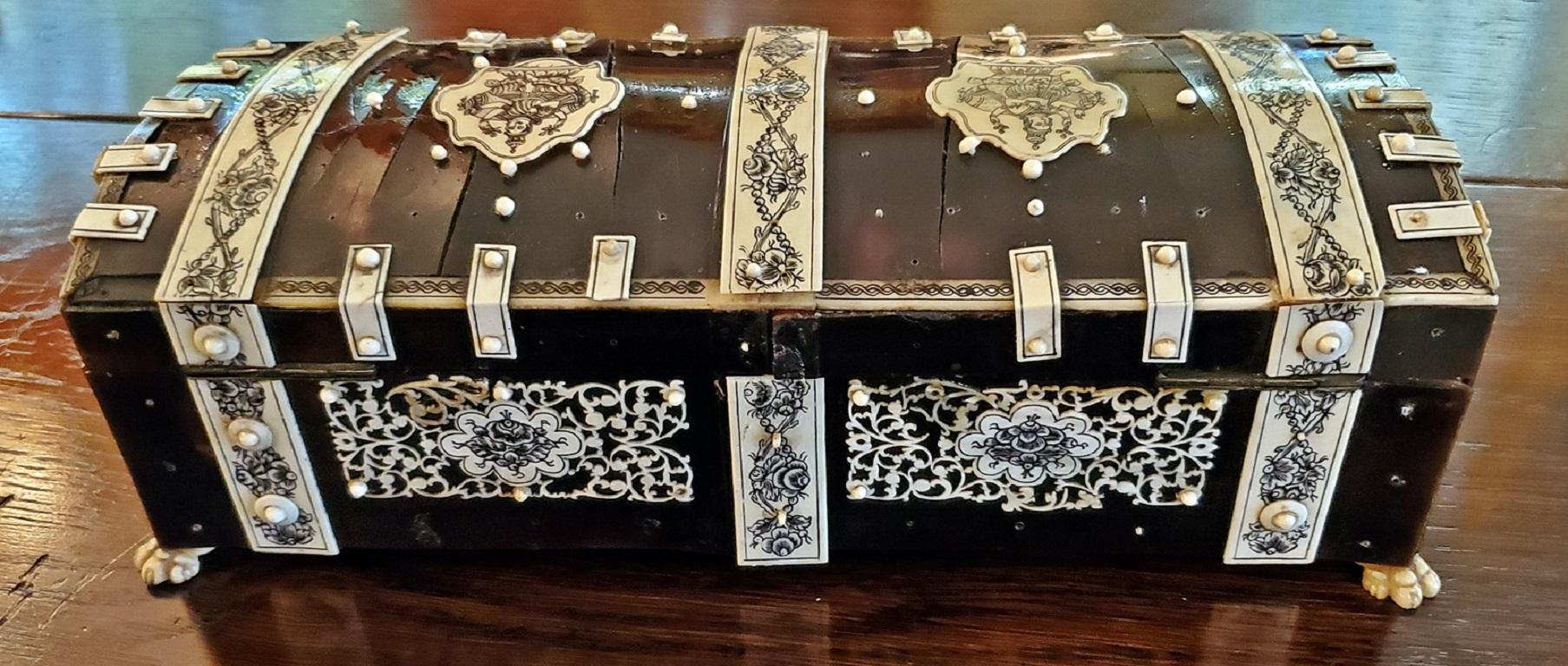 19th Century Anglo Indian Vizagapatam Dark Shell and Faux Ivory Glove Box 3