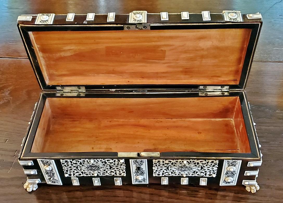19th Century Anglo Indian Vizagapatam Dark Shell and Faux Ivory Glove Box 1