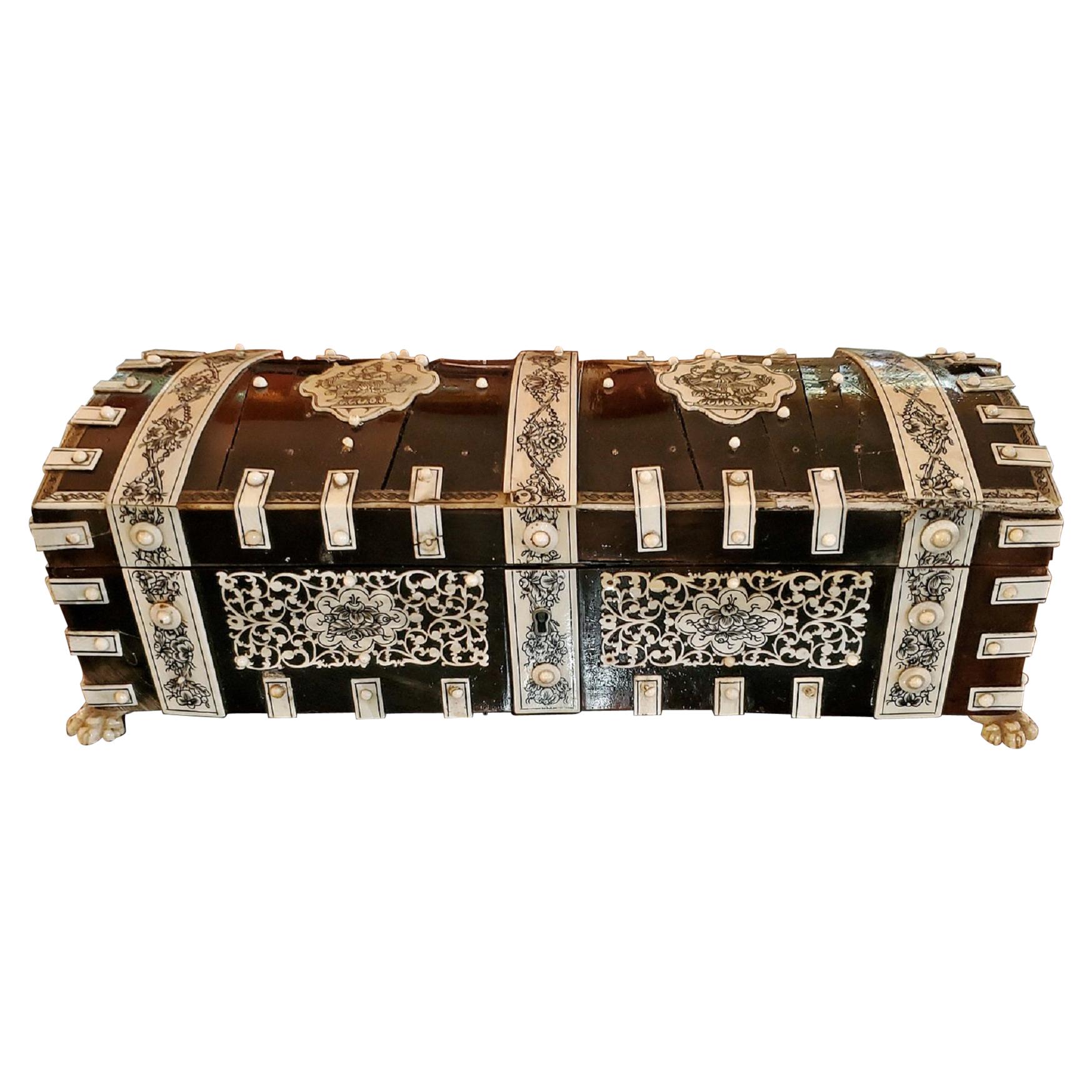 19th Century Anglo Indian Vizagapatam Dark Shell and Faux Ivory Glove Box