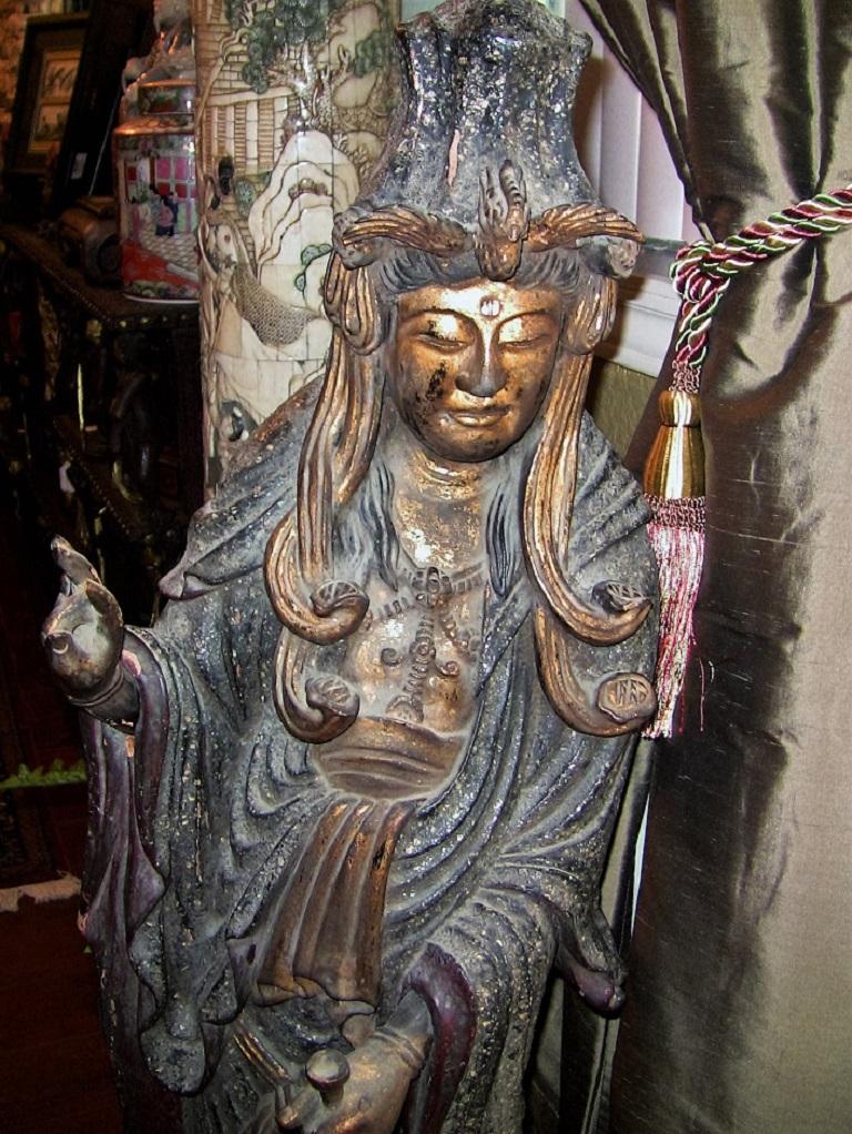 Hand-Carved 19 Century Asian Wooden Carved, Painted and Gilded Guanyin Statue For Sale