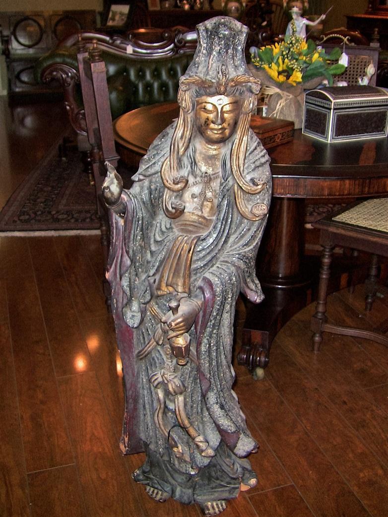 19th Century 19 Century Asian Wooden Carved, Painted and Gilded Guanyin Statue For Sale