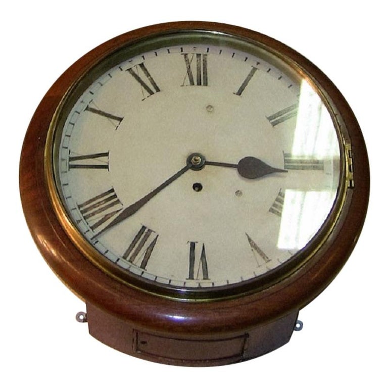 19th Century British Mahogany Schoolhouse or Railway Wall Clock at