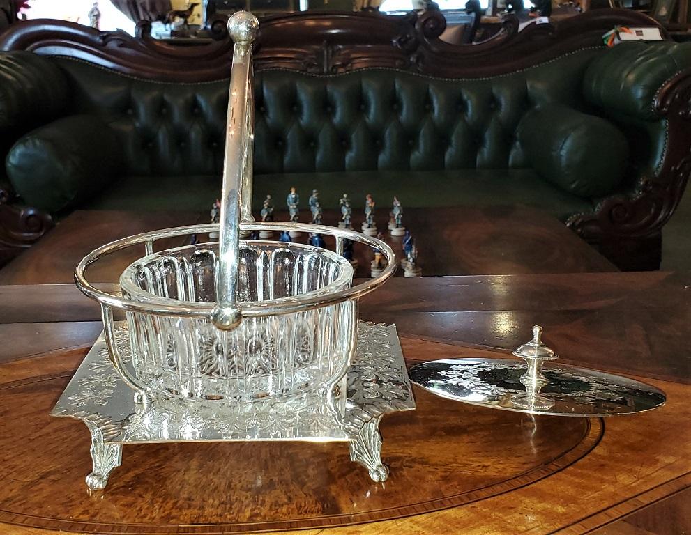 Silver Plate 19th Century British Old Sheffield Plate Bon Dish with Crystal Bowl