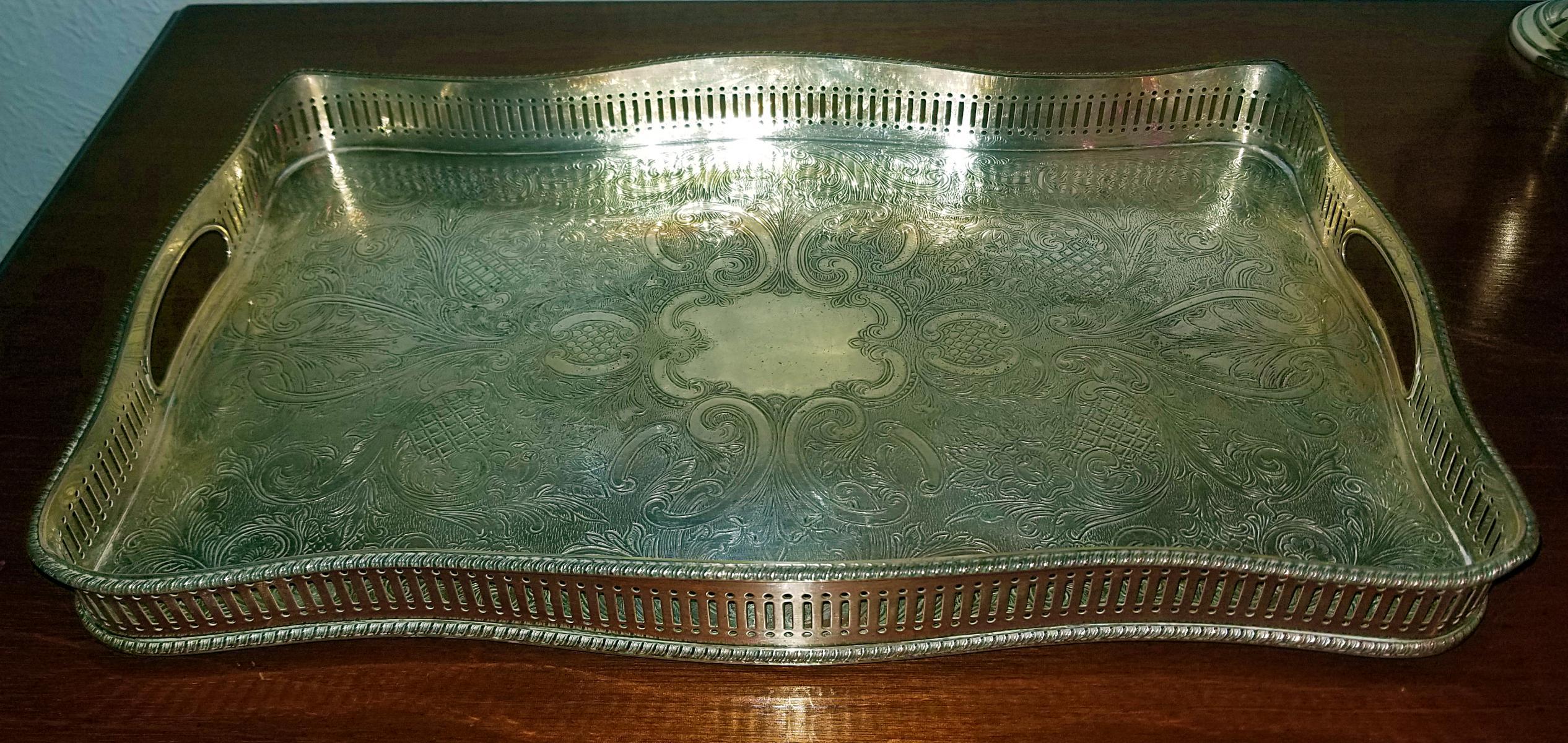 19th Century British Old Sheffield Plated Silver Heavily Engraved Serving Tray 5