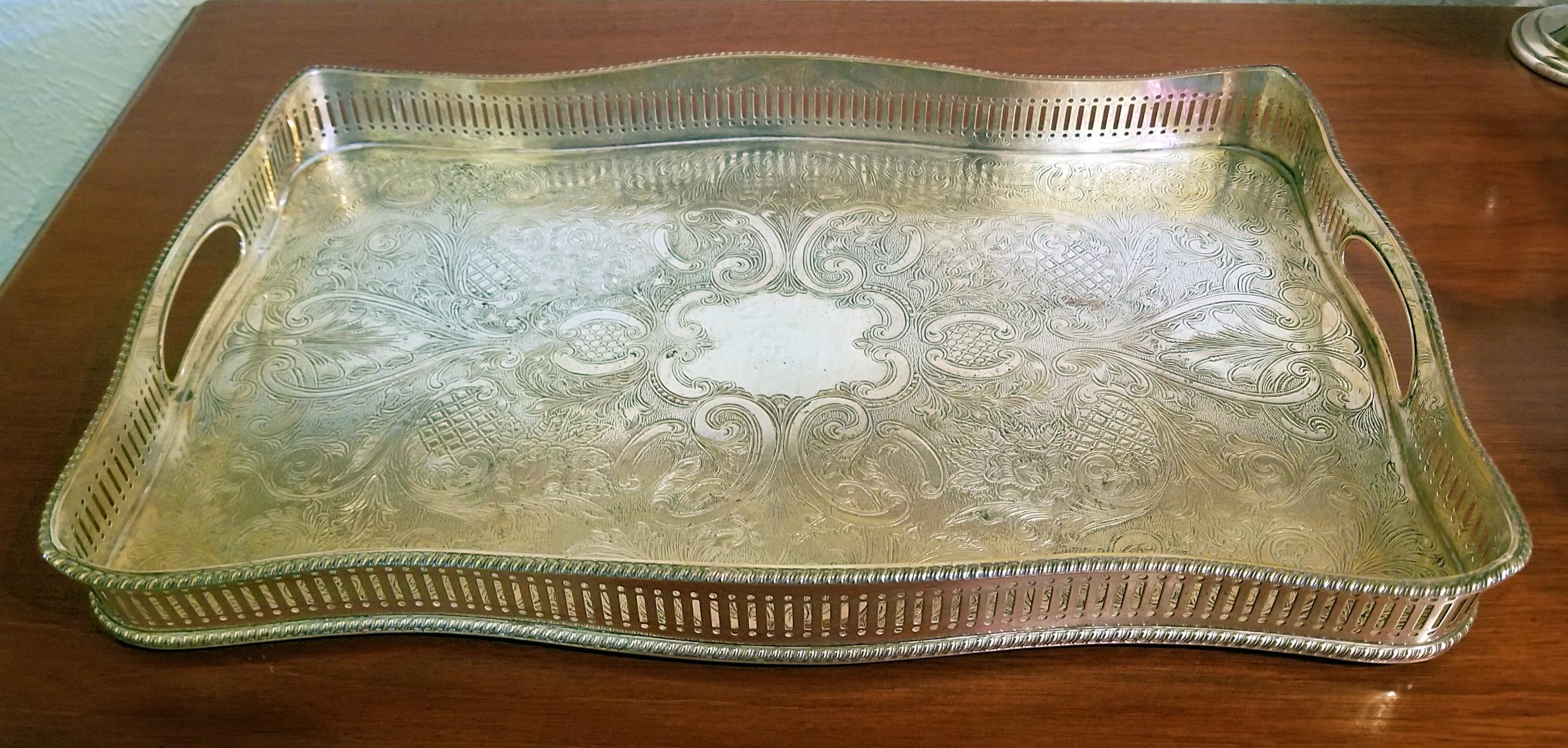 19th Century British Old Sheffield Plated Silver Heavily Engraved Serving Tray 6