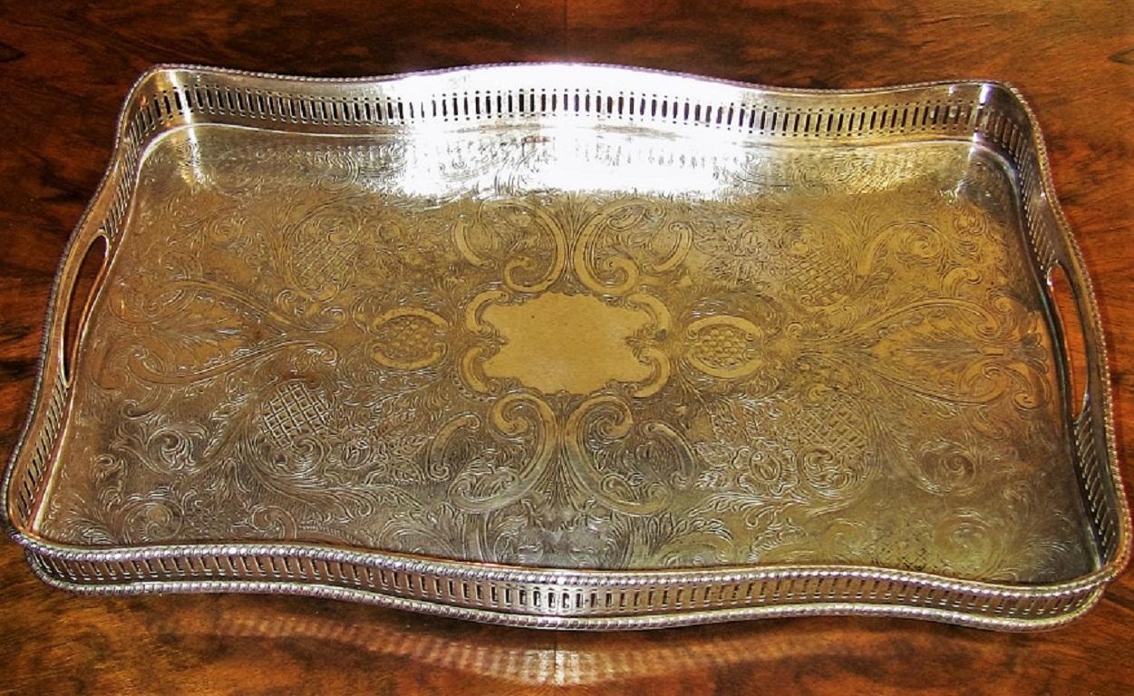 19th Century British Old Sheffield Plated Silver Heavily Engraved Serving Tray In Fair Condition In Dallas, TX