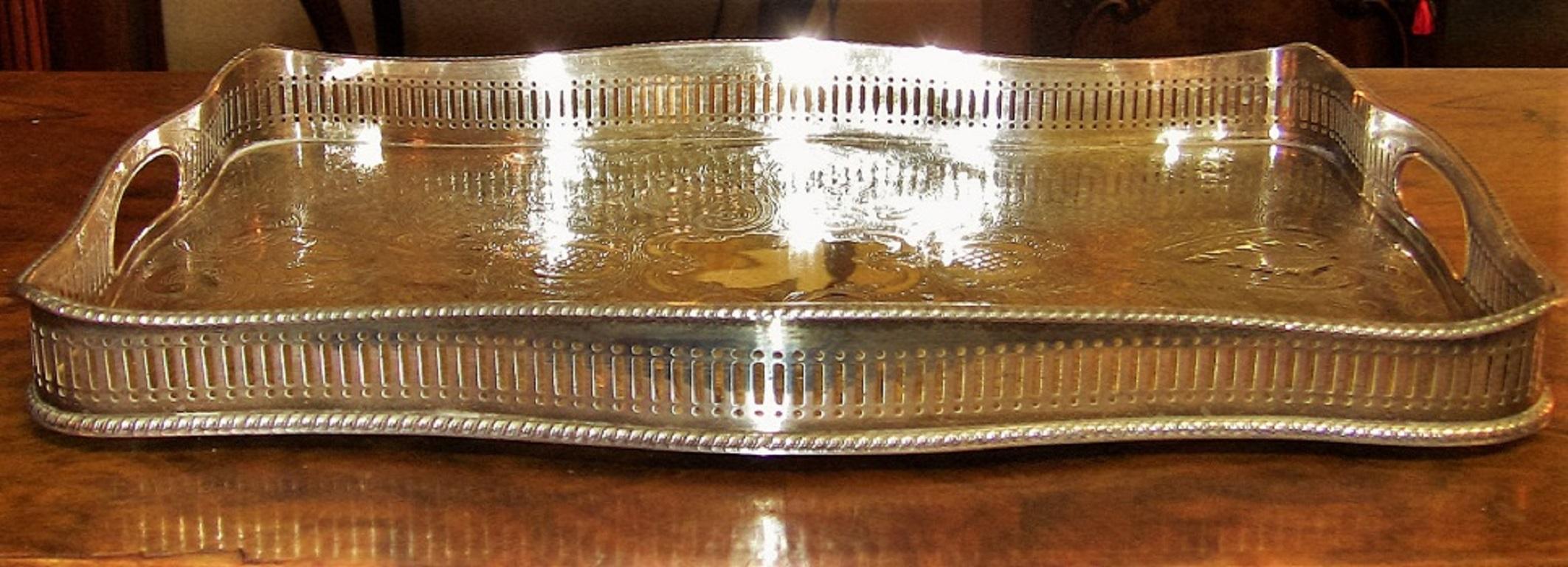 Silver Plate 19th Century British Old Sheffield Plated Silver Heavily Engraved Serving Tray
