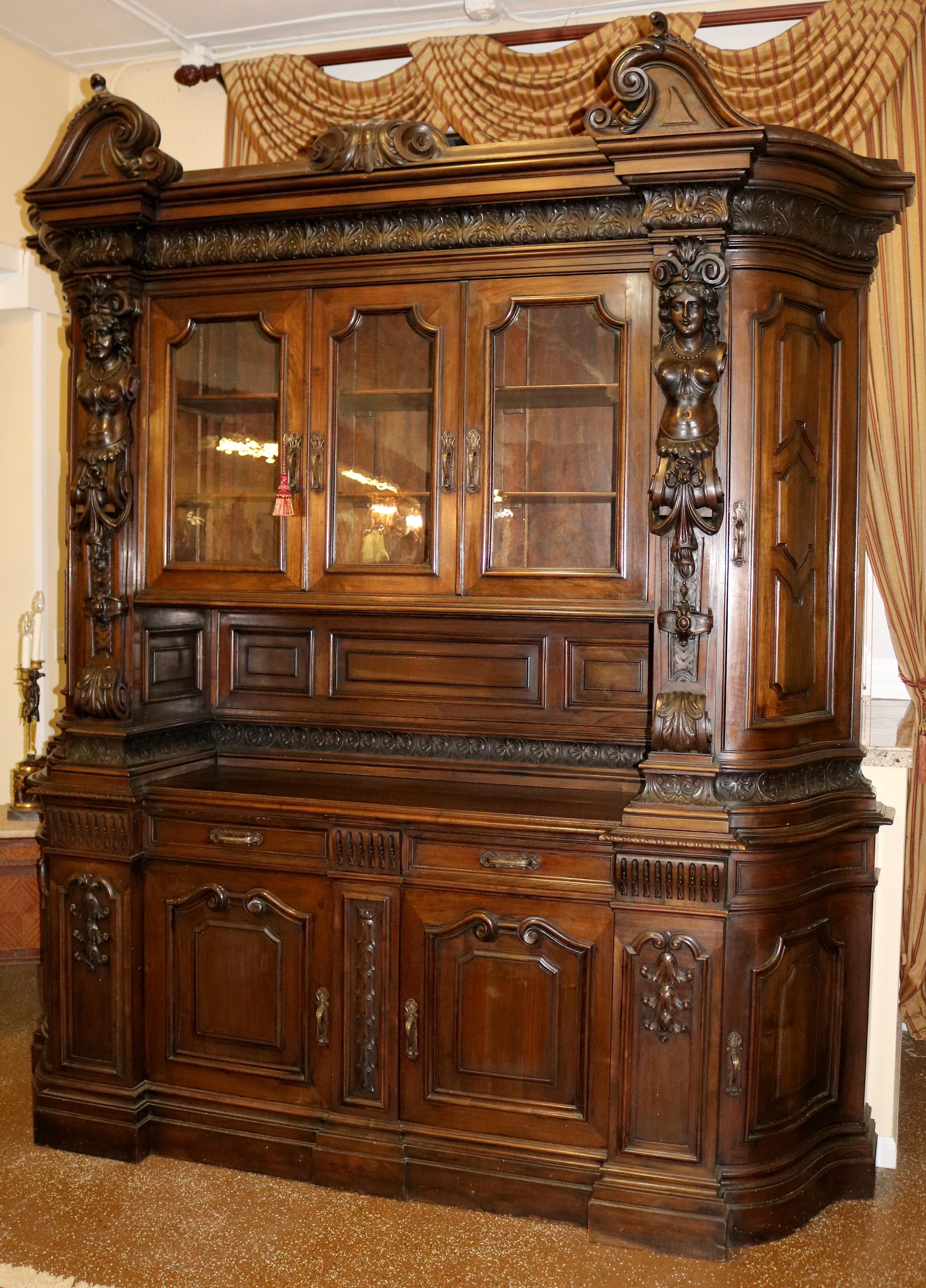 19th Century 19C Century Italian Walnut Figural Renaissance Revival Buffet Sideboard Cabinet