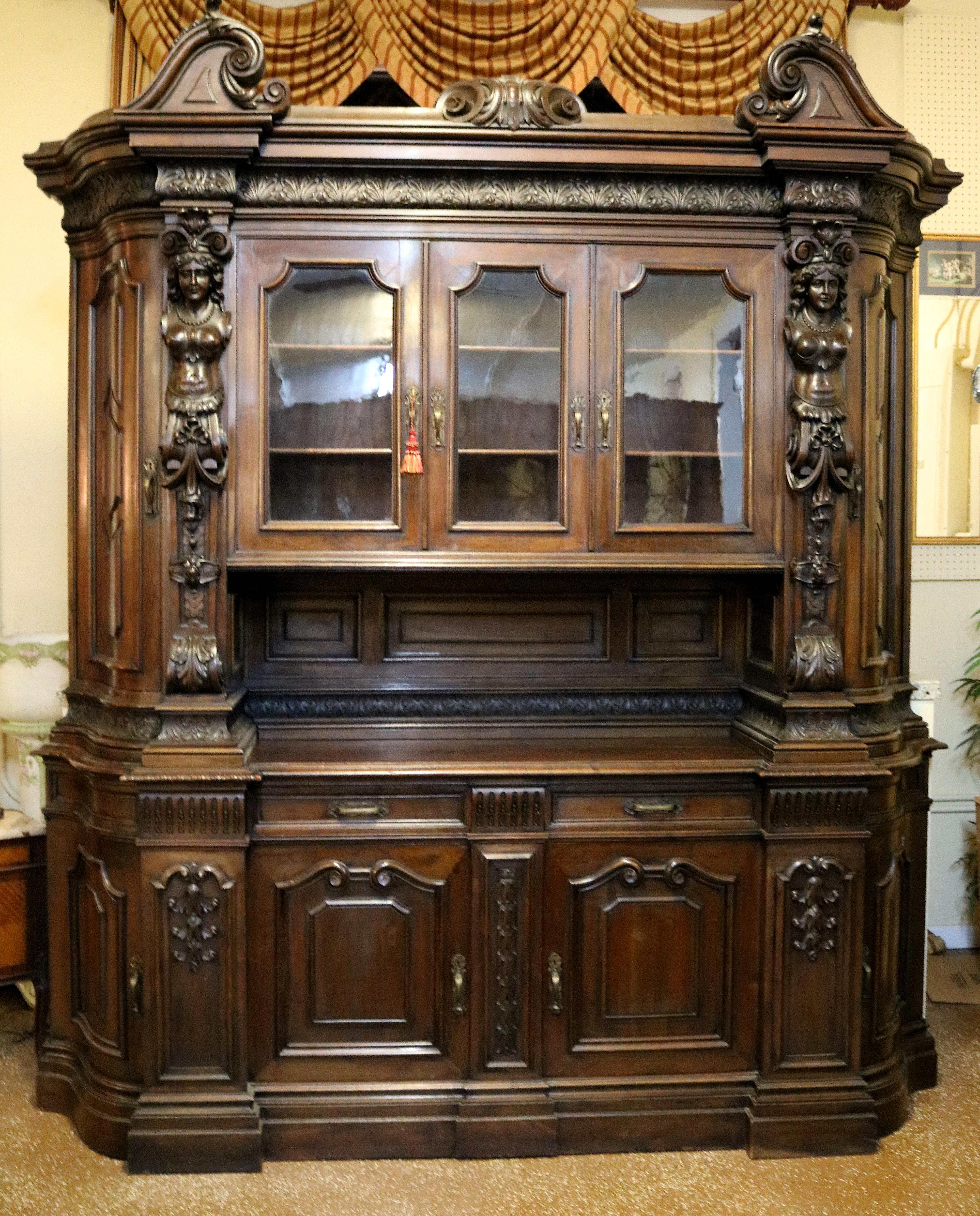 Brass 19C Century Italian Walnut Figural Renaissance Revival Buffet Sideboard Cabinet