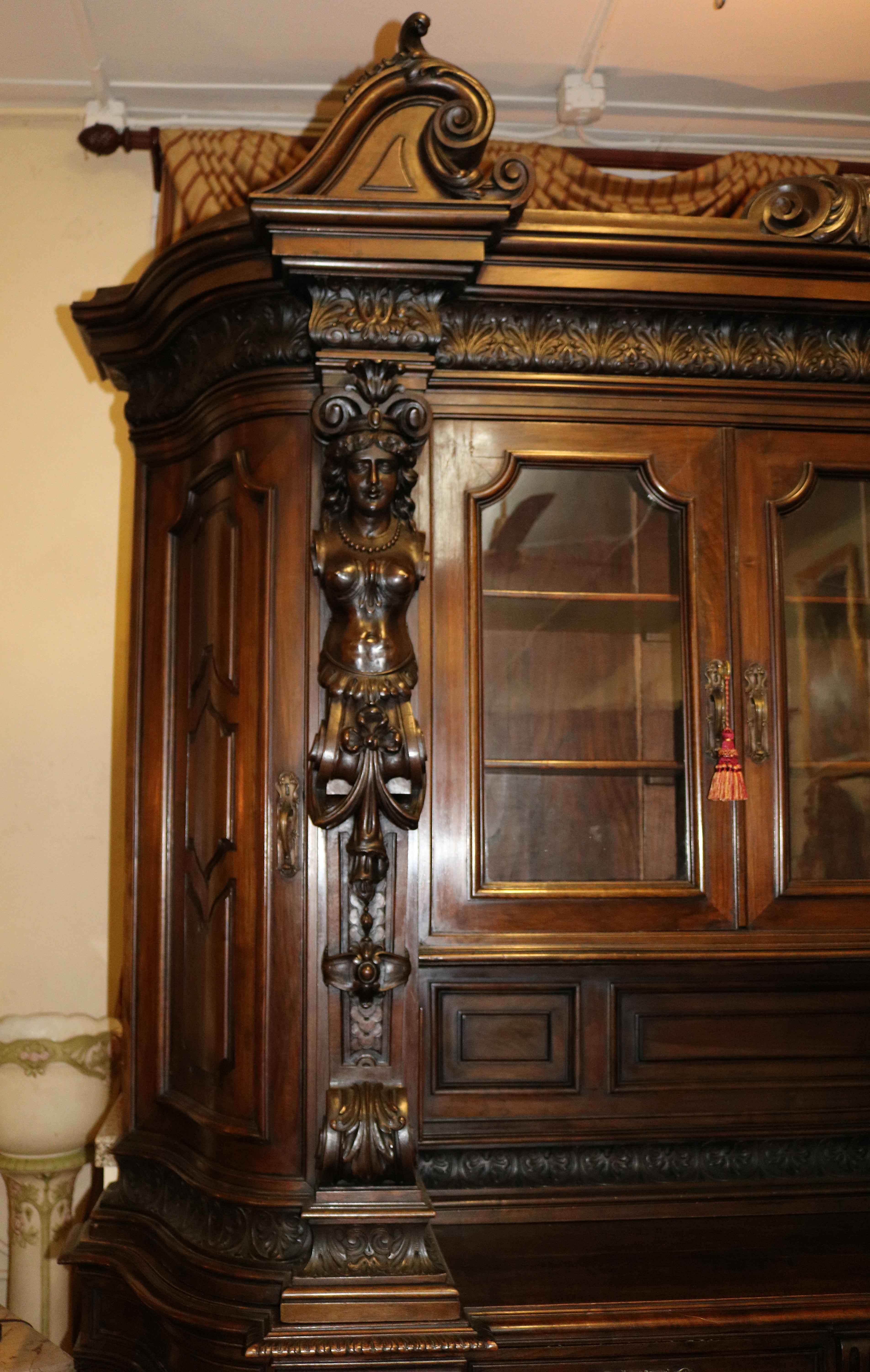 19C Century Italian Walnut Figural Renaissance Revival Buffet Sideboard Cabinet 1
