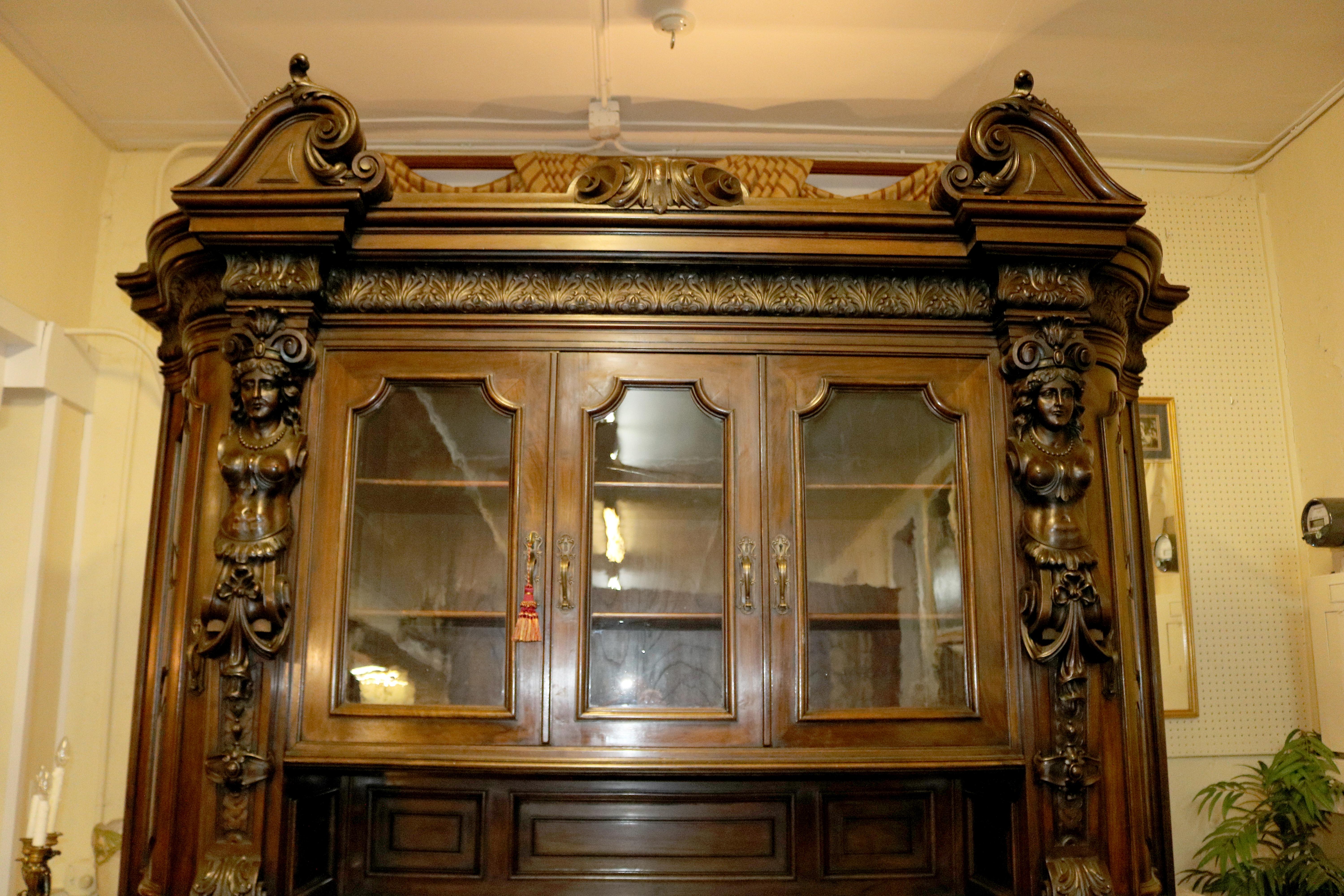 19C Century Italian Walnut Figural Renaissance Revival Buffet Sideboard Cabinet 2