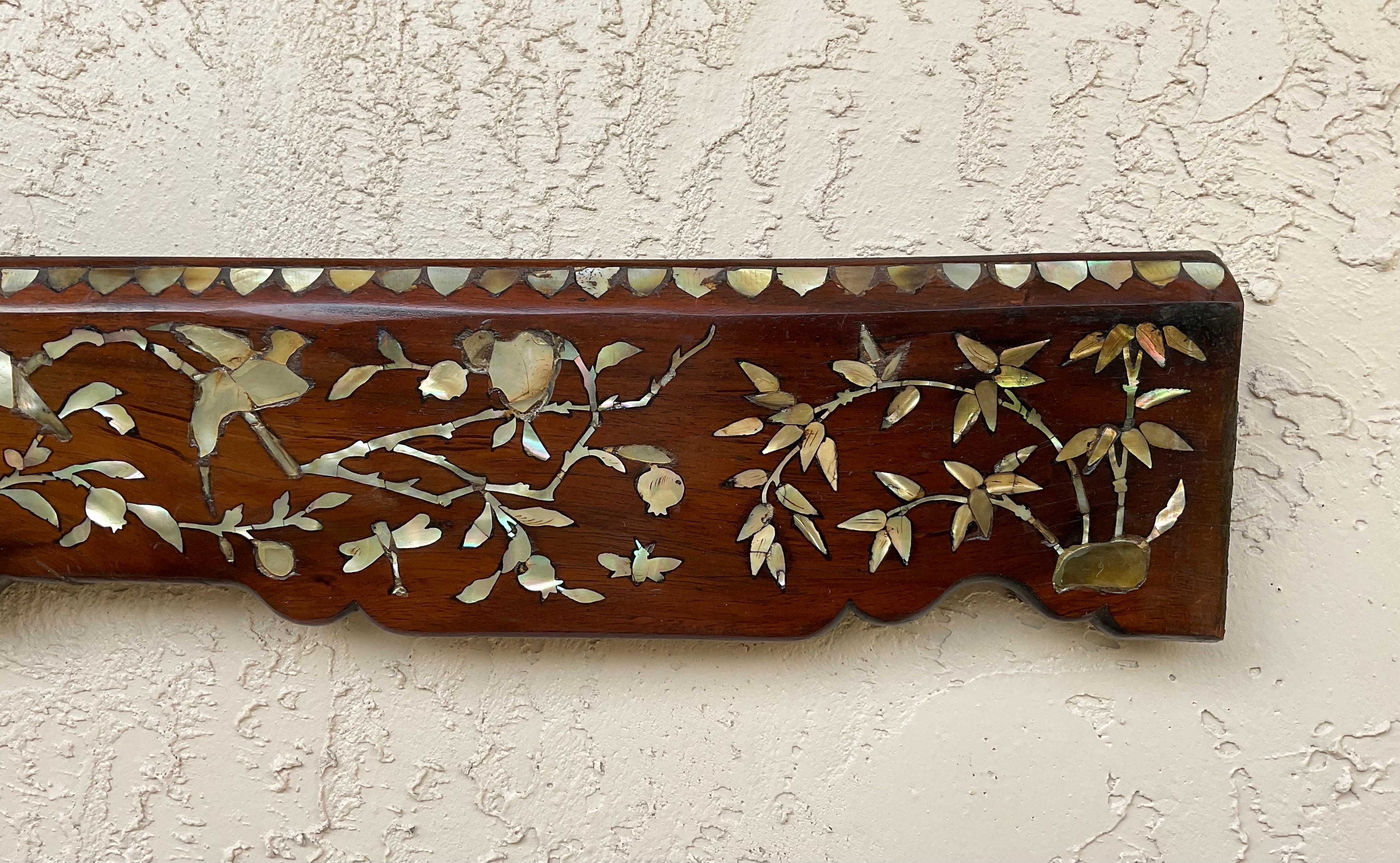 Hand-Carved 19c Chinese HandCarved Walnut Wood And Mother Of Perl Architectural Element   For Sale