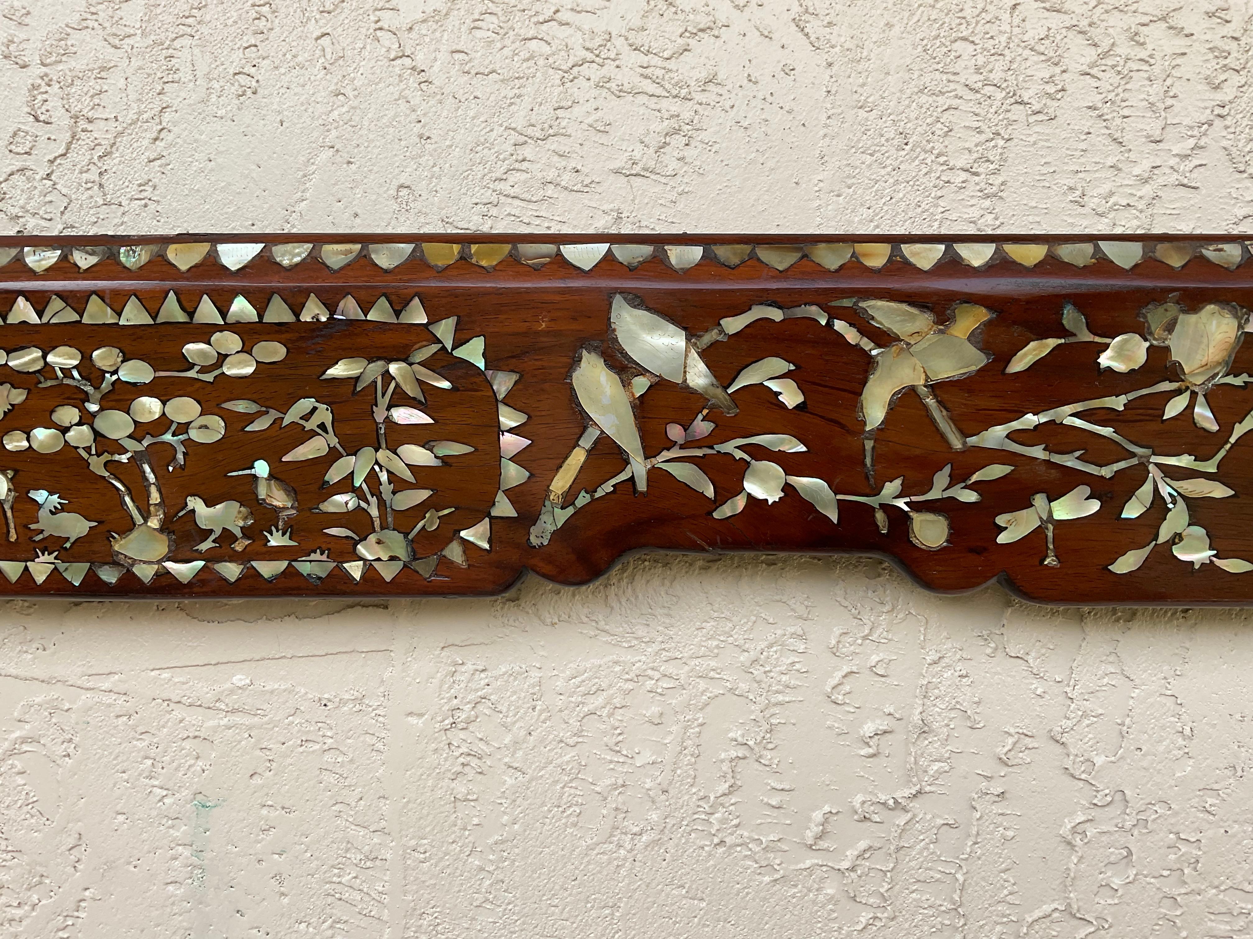 19c Chinese HandCarved Walnut Wood And Mother Of Perl Architectural Element   In Good Condition For Sale In Delray Beach, FL